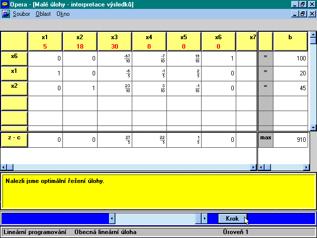 Obrazovka s vysledky obecne ulohy linearniho programovani