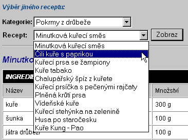 Rychlý výběr jiného receptu - po rozbalení