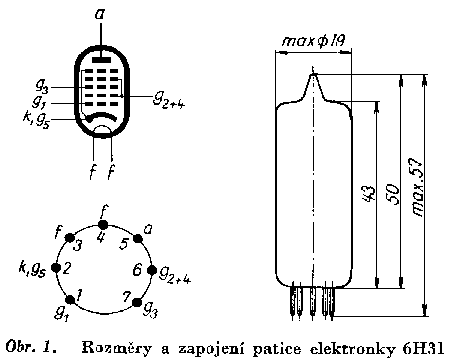 Výkres baňky elektronky a zapojení vývodů