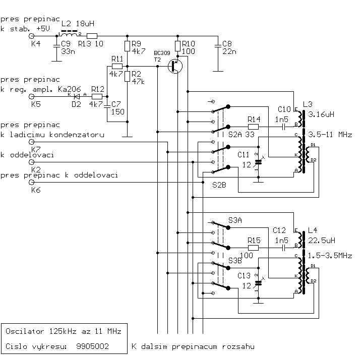 SchΘma oscilßtoru pro ni₧Üφ rozsahy 125m kHz a₧ 10 MHz