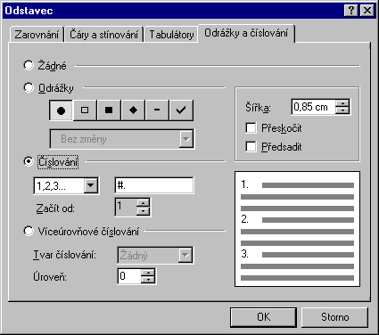 Nastavení odrážek a číslování
