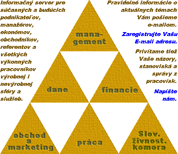 Informan server pre sasnch a budcich podnikateov, manarov, ekonmov, obchodnkov, referentov a vetkch vkonnch pracovnkov vrobnej i nevrobnej sfry a sluieb. Pravideln informcie o aktulnych tmach poda Vho vberu Vm poleme e-mailom. Pre registrciu posta prihlasovacie meno a V e-mail. Tto slubu mete kedykovek v budcnosti zrui.