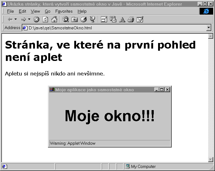 Samostatn javov okno vyvolan z apletu