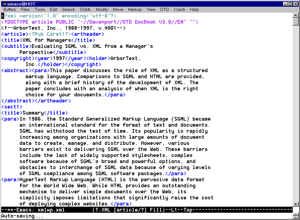 Kultovnφ editor Emacs si bez problΘm∙ poradφ
		i s XML