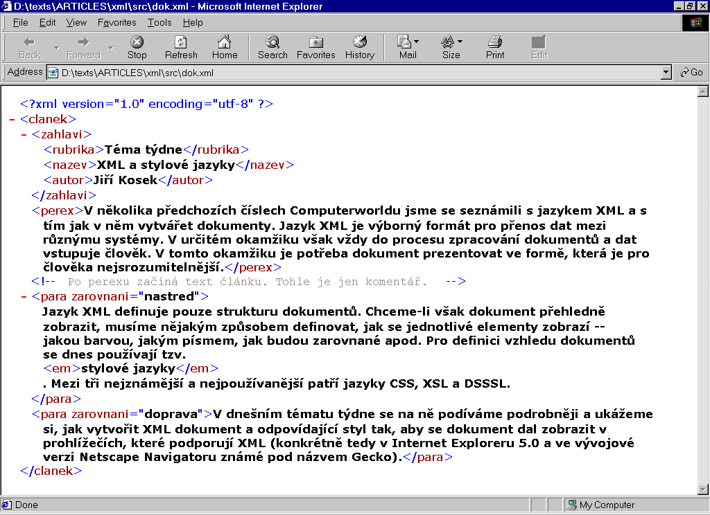 Zobrazen XML dokumentu bez
stylu v IE 5.0