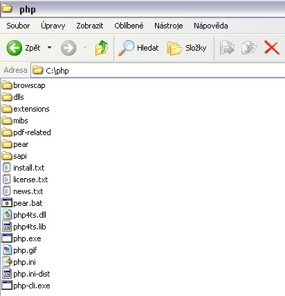 Obsah adresáře C:\PHP po přejmenování souboru php.ini-recommended na soubor php.ini