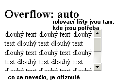 overflow: auto; co se neve╣lo, je o°φznutΘ; rolovacφ li╣ty jsou jen tam, kde jsou pot°eba