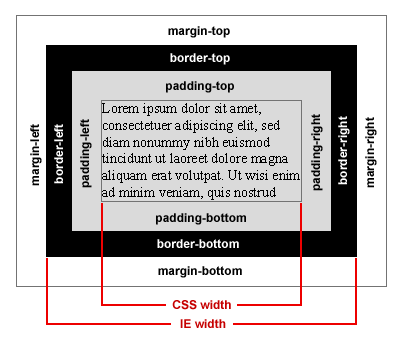 Rozm∞ry boxu podle CSS specifikace a podle IE