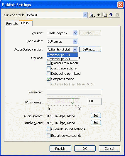 Vber z verzie ActionScriptu v Publish Settings