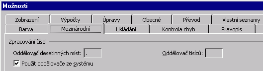 Nastavení oddělovačů v Excelu XP