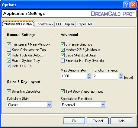 dreamcalc options window