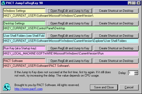 Screen Shot of PACT JumpToRegKey 98