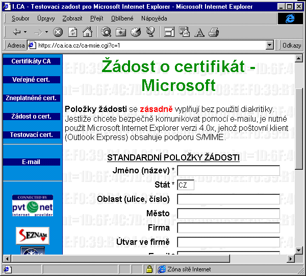 Zadost o Certifikat