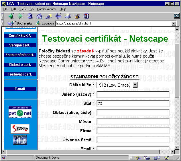 Zadost o Certifikat