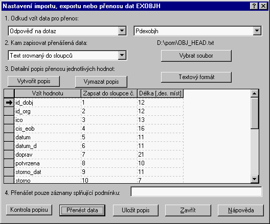 Nastavenφ exportu dat