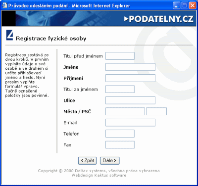 "Podatelny.cz" - registrace ₧adatele