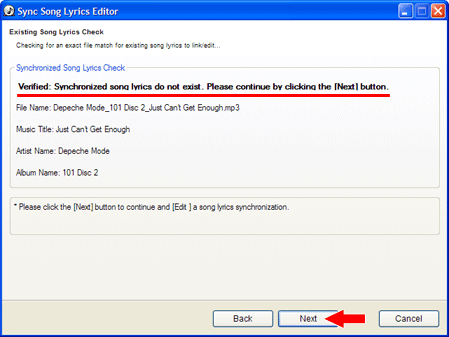 Check if song lyrics exist in the song lyrics server then click next