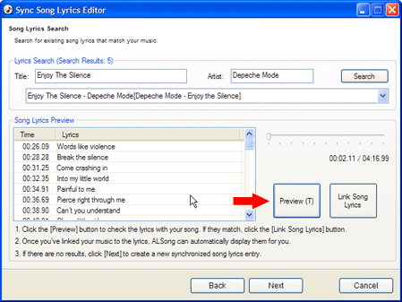 Preview song lyrics synchronizations