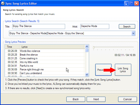 Link song lyrics synchronizations