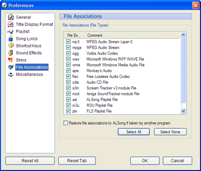 File Associations - mp3, mpg, ogg, wav, wma, ape, flac, cda, cd, s3m, mod, asl, m3u, pls, sab 