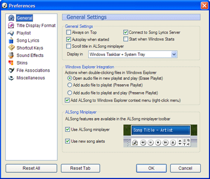 General MP3 player preferences for the ALSong Live Lyrics MP3 player