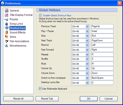 Global shortcut keys can be used to control ALSong from inside of any program