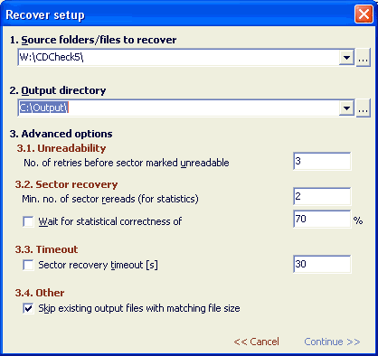 Recovery setup window